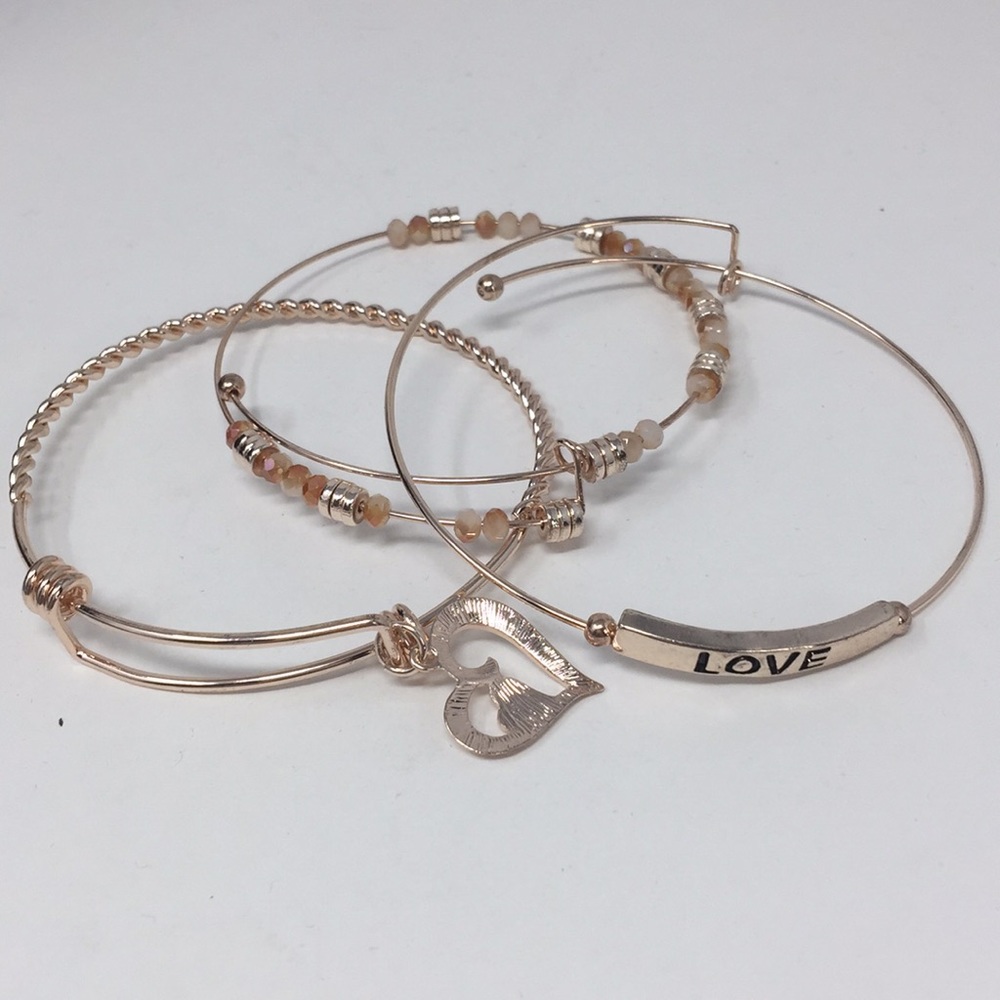 Charm bracelets Set of 3 rose gold tone wire
